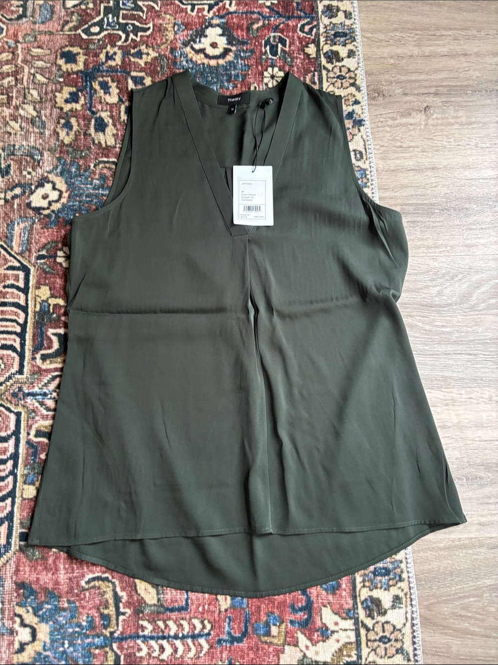 Theory Olive Green Silk Sleeveless V-Neck Blouse